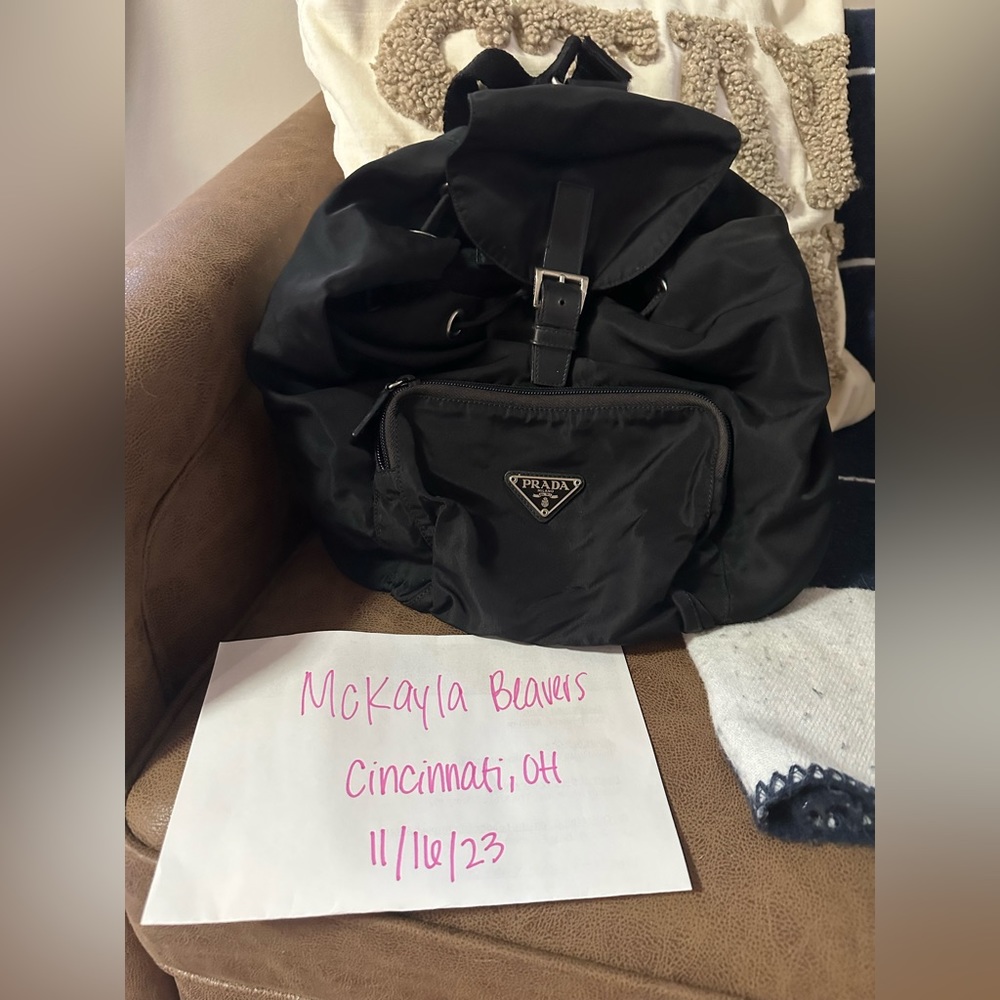 Prada Front Pocket Drawstring Backpack in Black Tessuto with Leather Trim
